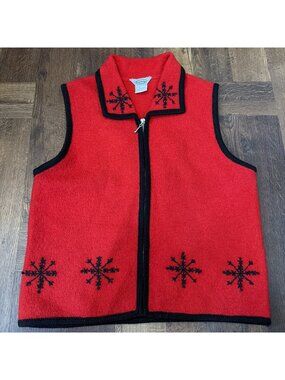 Vtg Stonebridge 100% Boiled Wool Snowflakes S Zip Front Vest Red Holiday